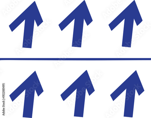 Six blue arrows pointing upwards arranged in two rows on a white background with a dividing line