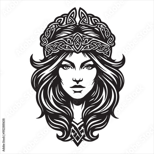 Asian Warrior Woman Portrait in Traditional Armor, Black and White Vector Illustration