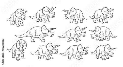 A collection of triceratops dinosaurs in a simple line art style