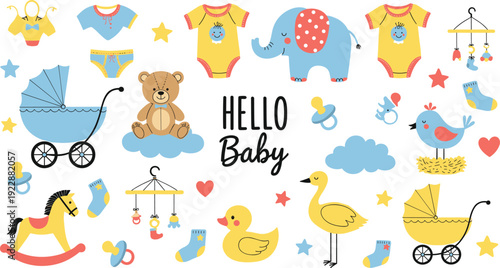Hello Baby Cute Nursery Elements Set with Toys and Clothes Vector
