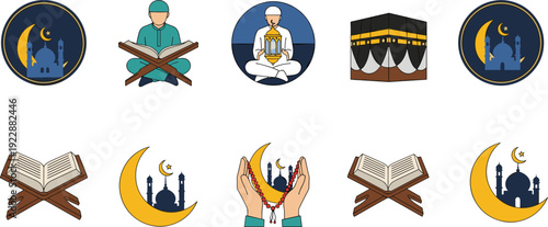 Ramadan Kareem icon set, Islamic prayer Quran Kaaba lantern crescent mosque vector illustration religious collection isolated background design