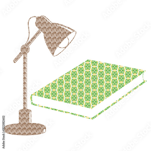 A desk lamp positioned beside a patterned green and white table mat on a surface Vector