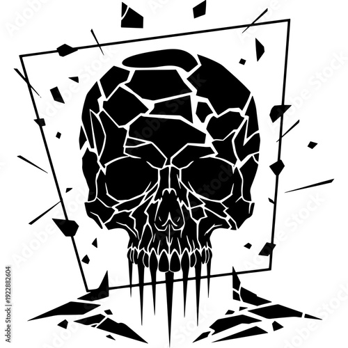 Eerie black and white skull with shattered and cracked design elements surrounding it Vector