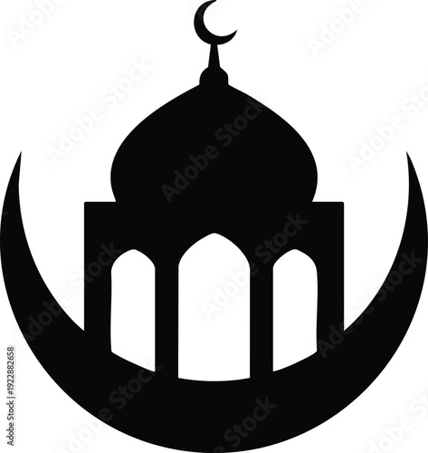 Black Mosque Silhouette within a Crescent Moon on White Background
