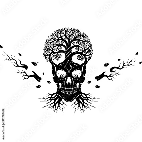 Haunting skull intertwined with intricate root and vine patterns forming a surreal design Vector