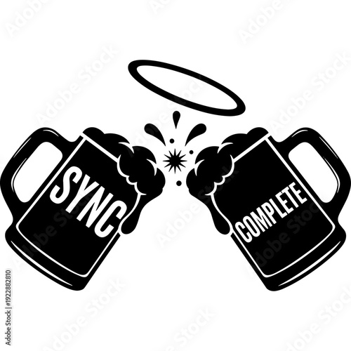 Two mugs clinking together with the word cheers underneath them in a celebration logo. Vector