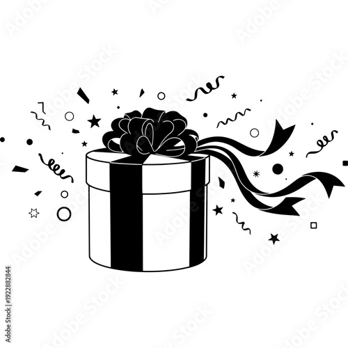 A whimsical gift box bursting with celebratory ribbons and stars in a playful style Vector