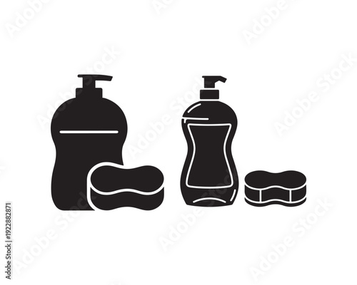 Two black silhouette bottles with pump dispensers and sponges cleaning soap detergent dish soap liquid soap