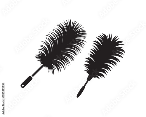 Two black silhouette of feather dusters, one larger and one smaller, with distinct handle shapes, representing cleaning tools