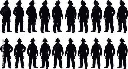 Firefighter silhouette lineup collection featuring standing emergency rescue workers in various poses isolated on white background, safety service illustration set for professional design projects.