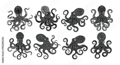 Collection of vintage style octopus illustrations in a grid pattern