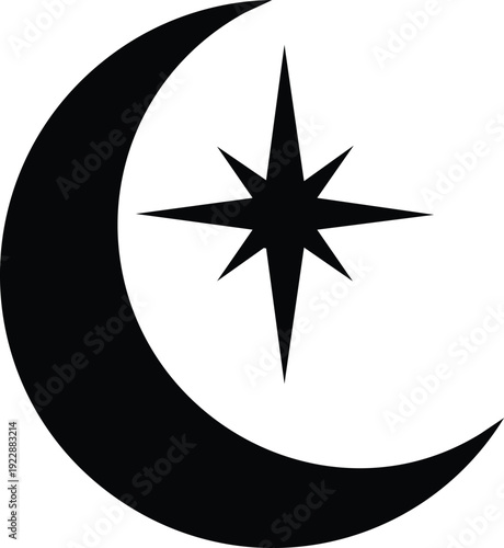 Black crescent moon and star symbol on a white background isolated night