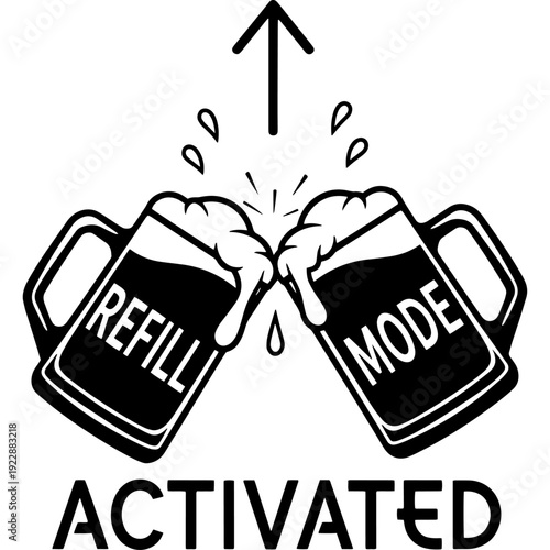 Two mugs with labels reading 'hell' and 'mode' activated with an upward arrow Vector