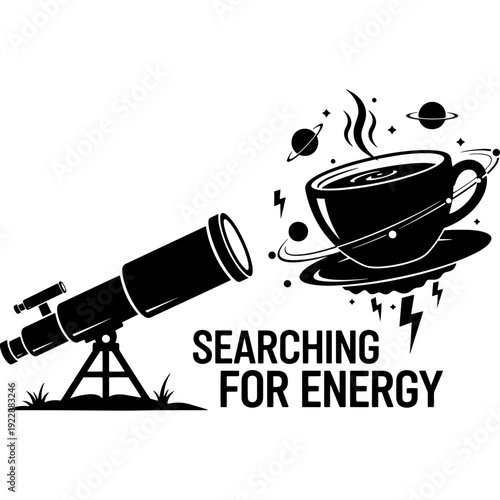Exploring cosmic energy sources through a telescope and steaming cup of coffee Vector