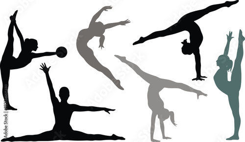 Gymnastics silhouette vector set featuring female gymnast poses with ball split handstand flexibility and rhythmic sport illustration