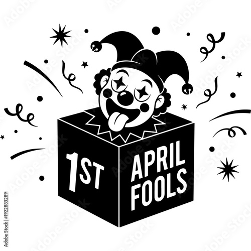 A playful illustration celebrating the arrival of april fools day with a jester and a box Vector