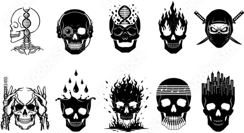 Diverse collection of stylized skull icons with distinct and edgy designs Vector