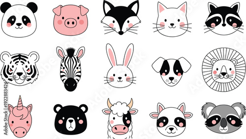 Cute Animal Faces Cartoon Collection with Panda Fox Lion Vector