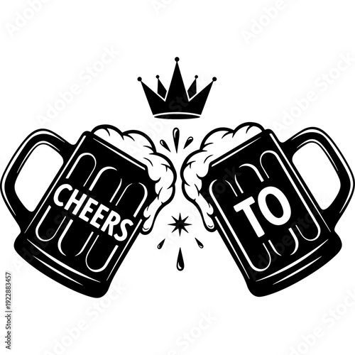 Two mugs clinking together with a crown symbolizing good times and celebration Vector