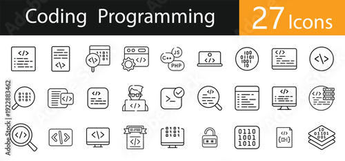 Coding and Programming Outline Icons – Developer and IT Technology Vector Collection