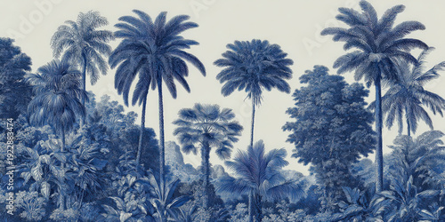 Intricate Blue Palm Tree Forest Illustration with Tropical Foliage