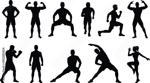 Fitness and workout silhouettes collection featuring muscular men and woman exercising, strength training and cardio poses vector illustration isolated on white background.