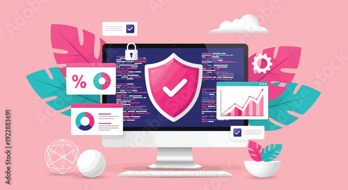 Computer monitor with a shield and checkmark displays code, graphs, and icons, symbolizing cybersecurity. Surrounded by colorful leaves, set on a pink background.