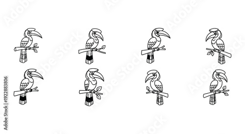 Line art illustration depicting six toucan birds perched on branches