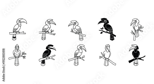Line art illustration depicting six toucan birds perched on branches