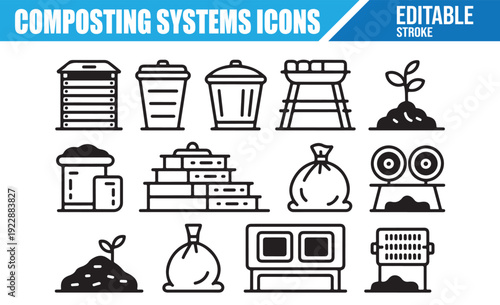 Collection of vector icons for vermicomposting and heap composting.