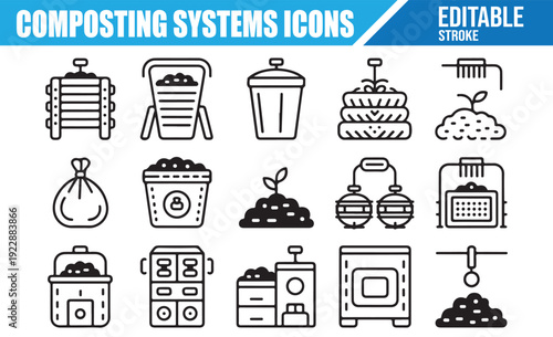 Organic recycling and soil enrichment line art symbols.