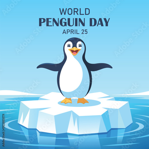 Vector illustration for World Penguin Day. A lone little penguin, standing on a broken ice floe, waves its flippers, calling for help. For the design of banners, posters