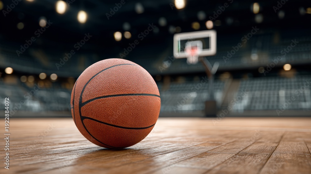 Naklejka premium Basketball resting on wooden court floor in an indoor sports arena with blurred seating and basketball hoop in the background