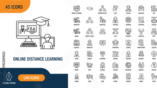 Set of 45 editable online distance learning line icons for virtual classrooms digital education and academic achievement