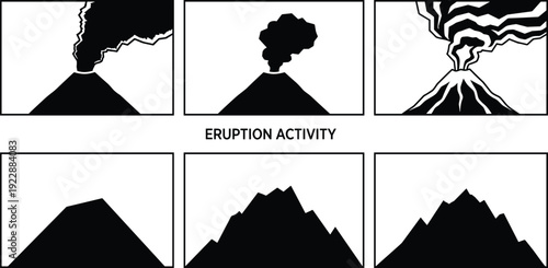 Volcano eruption activity silhouettes sequence showing smoke and lava explosion stages, natural disaster vector illustration isolated on white background, geological process concept.