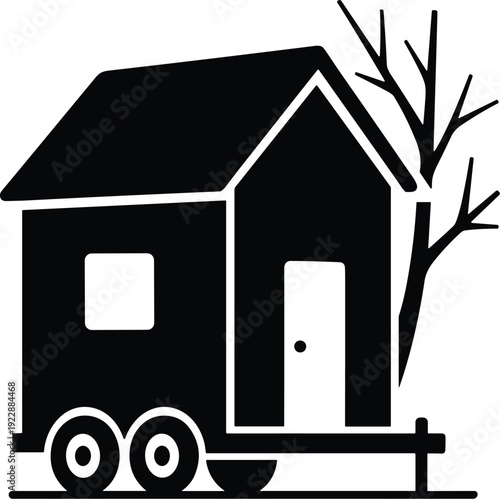 Minimalist Architectural Illustration of a Mobile Small Home with a Tree