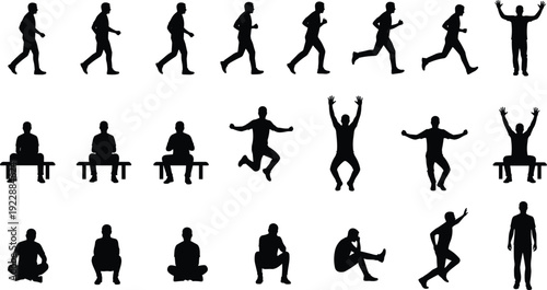 Male Human Silhouette Poses Set – Walking, Running, Sitting, Jumping and Standing Vector Collection