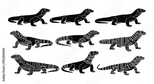 Nine black and white illustrations of bearded dragons in various poses