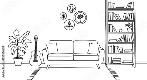 Minimalist living room interior line art with cozy sofa acoustic guitar bookshelf potted plants and wall decor vector illustration sketch