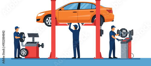 Auto repair service illustration, mechanics working on car lift with wheel alignment machine, vehicle maintenance garage workshop automotive concept