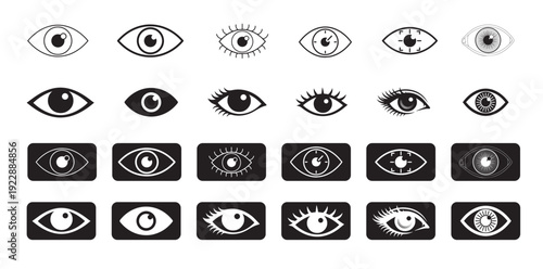 Eye Icon Set.Line and Solid Black Vision Symbols Collection, Minimal Vector Isolated on White Background