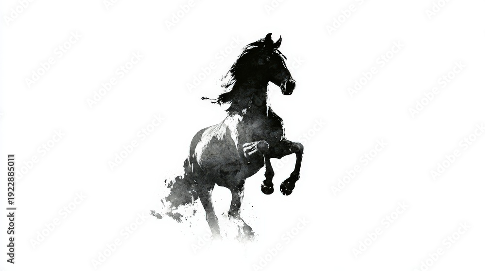 Naklejka premium Dark equine silhouette rears powerfully against a stark white background with expressive artistic texture