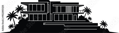 Modern Luxury Tropical Villa Silhouette: Minimalist Architectural Illustration of a Multi-Level Mansion with Palm Trees