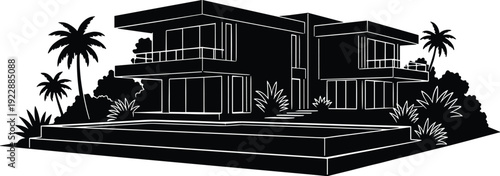Modern Luxury Villa Silhouette with Private Pool: Minimalist Architectural Illustration of a Contemporary Mansion with Palm Trees and Landscaping
