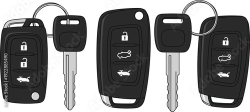 Car key and remote control illustration set, vehicle key fob with lock unlock trunk buttons, automotive security access technology concept