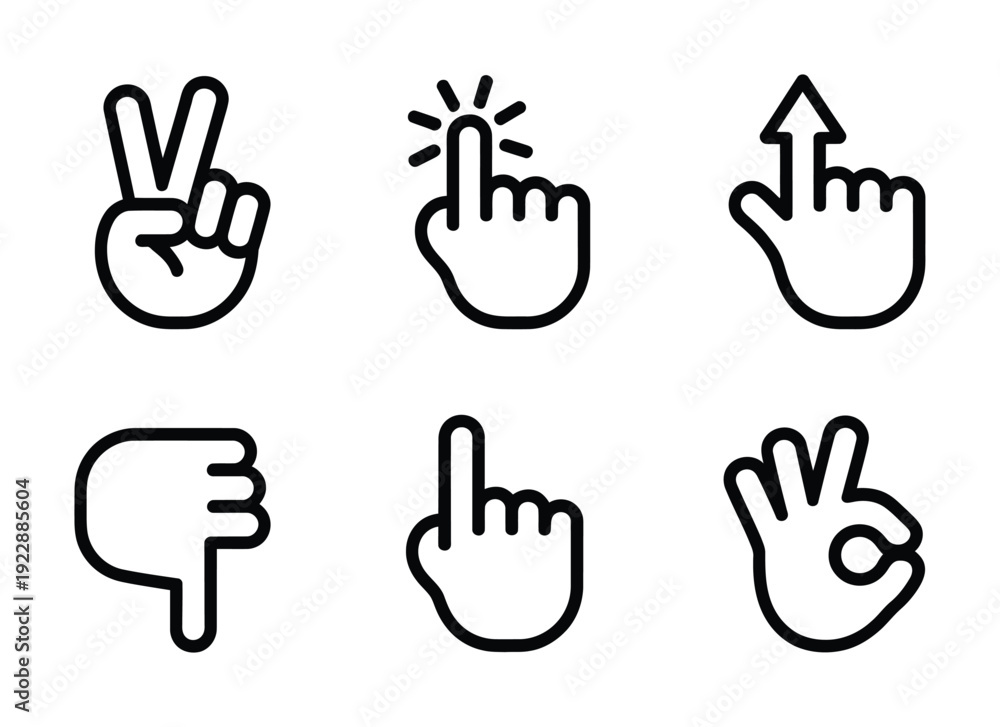 Fototapeta premium Vector illustration showcasing a variety of hand gestures in simple design.