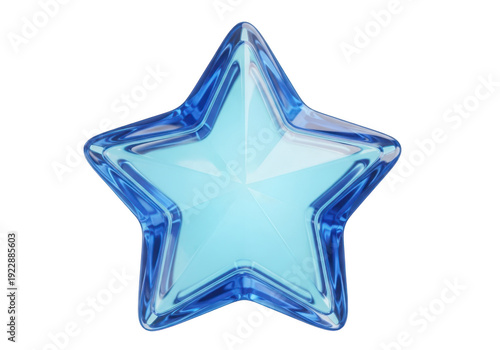 A shiny blue star balloon floating against a white background