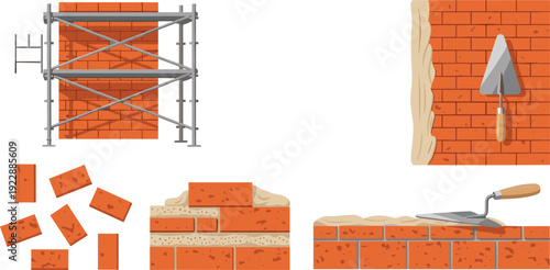Brick masonry construction illustration, wall building process with scaffolding trowel and mortar, bricklaying tools, masonry work, construction industry concept