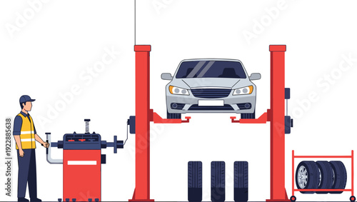 Car service garage illustration, vehicle on hydraulic lift, mechanic repairing automobile, tire replacement, auto maintenance workshop equipment, automotive repair concept