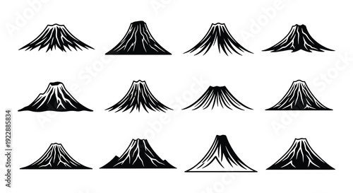 Stylized depictions of erupting volcanoes in a black and white design